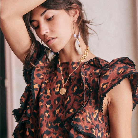 SEZANE Clarita Leopard Ruffle Blouse 36 4 S XS - Picture 4 of 11